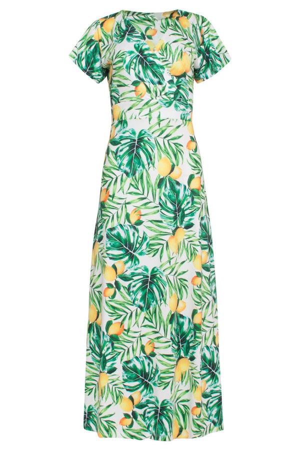 Smashed Lemon 24057 Citroen Bedrukte Maxi Jurk | White-Multicolour