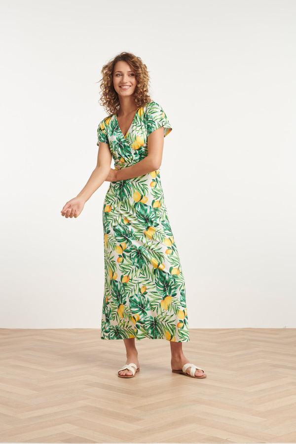 Smashed Lemon 24057 Citroen Bedrukte Maxi Jurk | White-Multicolour