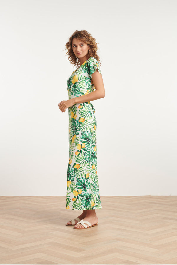 Smashed Lemon 24057 Citroen Bedrukte Maxi Jurk | White-Multicolour