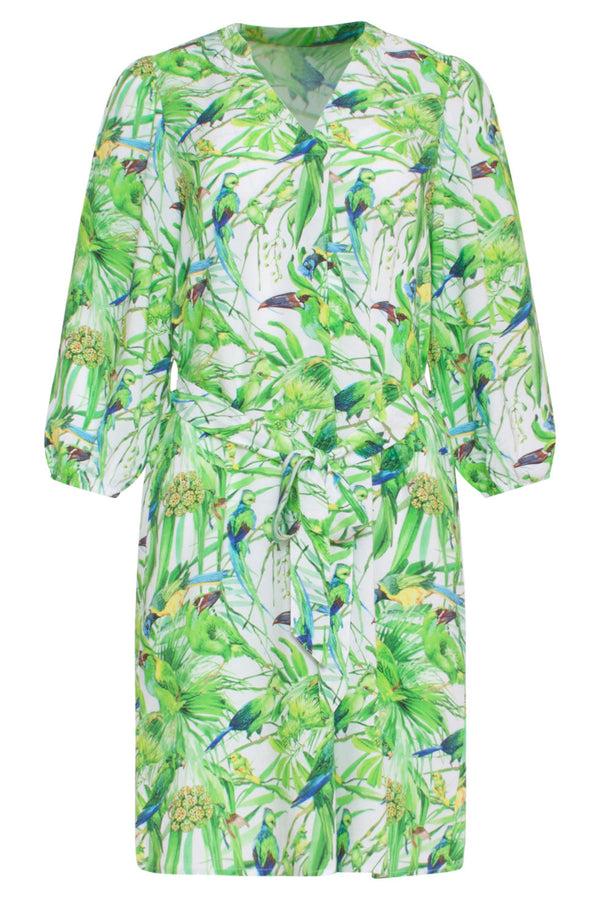 Smashed Lemon 24058 Bird Print Jurk Met V-Hals | White-Light Green