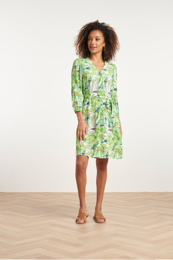 Smashed Lemon 24058 Bird Print Jurk Met V-Hals | White-Light Green