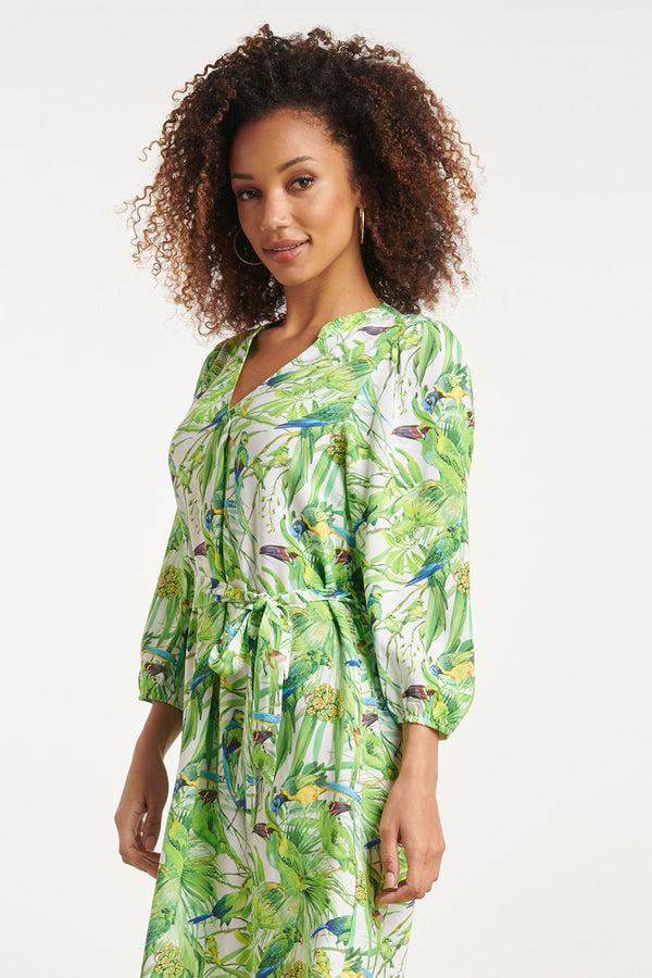 Smashed Lemon 24058 Bird Print Jurk Met V-Hals | White-Light Green