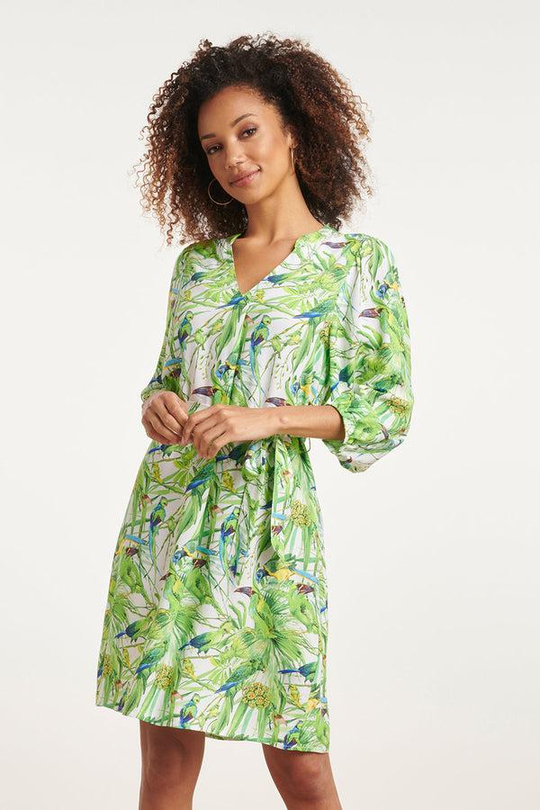 smashed lemon 24058 Bird Print Jurk Met V-Hals | White-Light Green smashed lemon 24058 Bird Print Jurk Met V-Hals | White-Light Green