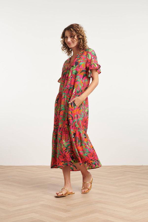 Smashed Lemon 24059 Fuchsia Midi Jurk Met Jungle Print | Fuchsia-Multicolour