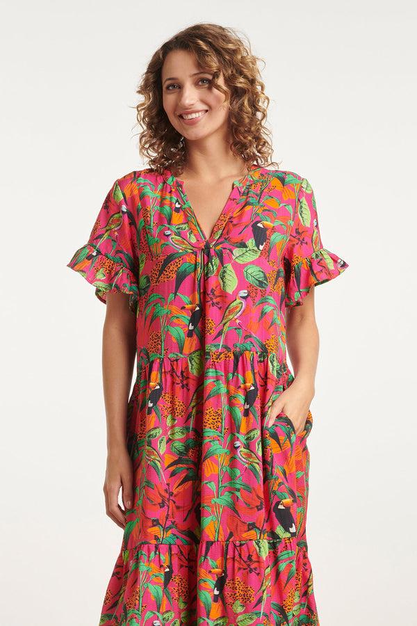 Smashed Lemon 24059 Fuchsia Midi Jurk Met Jungle Print | Fuchsia-Multicolour