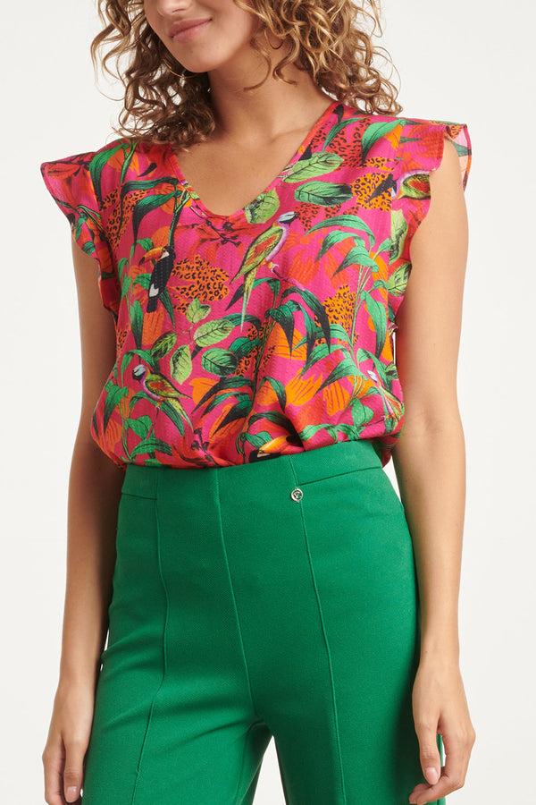 Smashed Lemon 24060 Fuchsia Zomer Top Met Jungle Print | Fuchsia-Multicolour