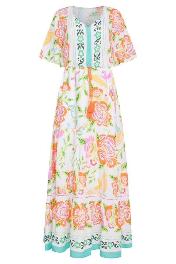 Smashed Lemon 24061 Zomer Maxi Jurk Met Bloemenprint | White-Multicolour