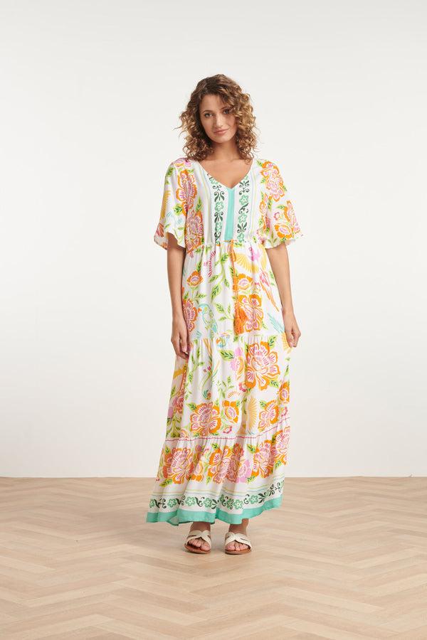 Smashed Lemon 24061 Zomer Maxi Jurk Met Bloemenprint | White-Multicolour