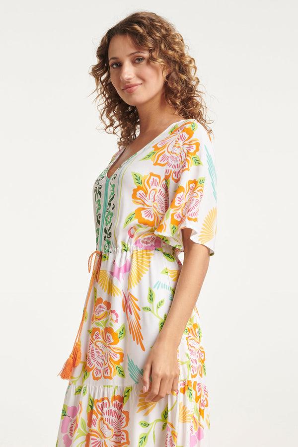 Smashed Lemon 24061 Zomer Maxi Jurk Met Bloemenprint | White-Multicolour
