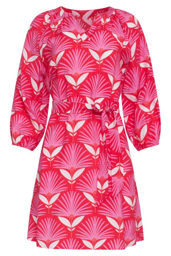 Smashed Lemon 24067 Retro Bloemenprint Jurk Met Knielengte | Red-Pink