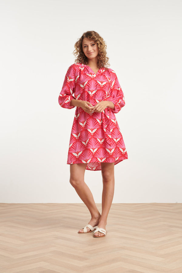 Smashed Lemon 24067 Retro Bloemenprint Jurk Met Knielengte | Red-Pink