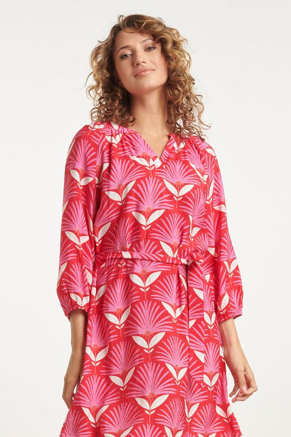 Smashed Lemon 24067 Retro Bloemenprint Jurk Met Knielengte | Red-Pink