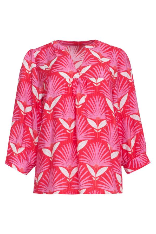 Smashed Lemon 24068 Retro Bloemenprint Top Met 3/4 Mouwen | Red-Pink