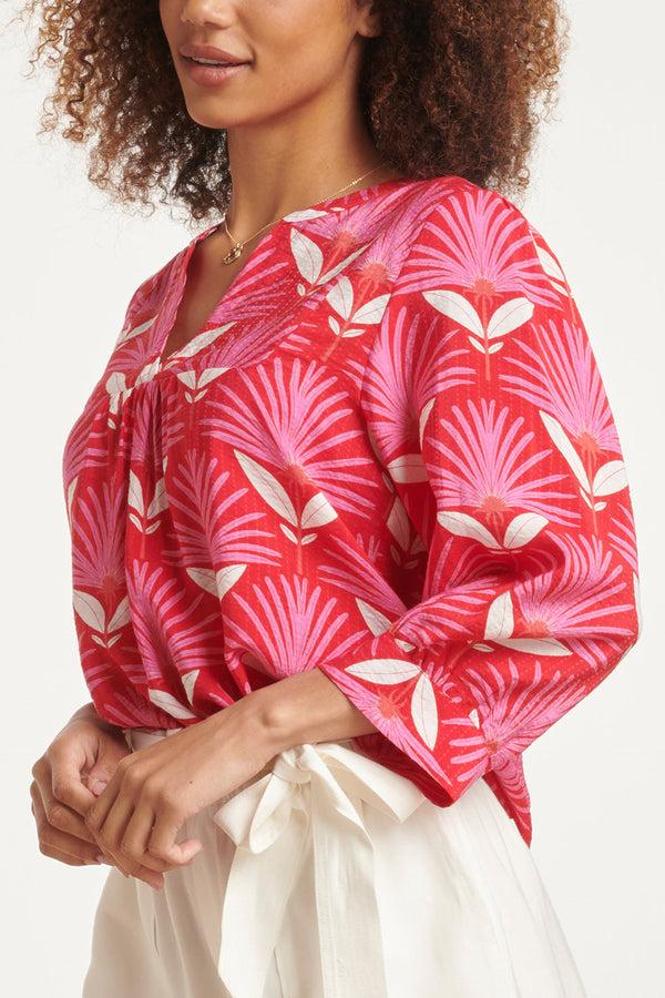 Smashed Lemon 24068 Retro Bloemenprint Top Met 3/4 Mouwen | Red-Pink