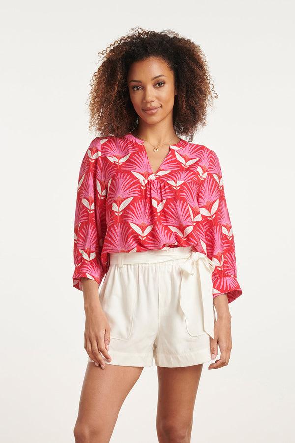 smashed lemon 24068 Retro Bloemenprint Top Met 3/4 Mouwen | Red-Pink