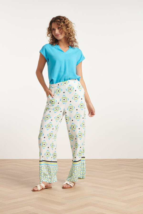 Smashed Lemon 24070 Lange Flowy Zomerbroek Met Grafische Print | White-Multicolour