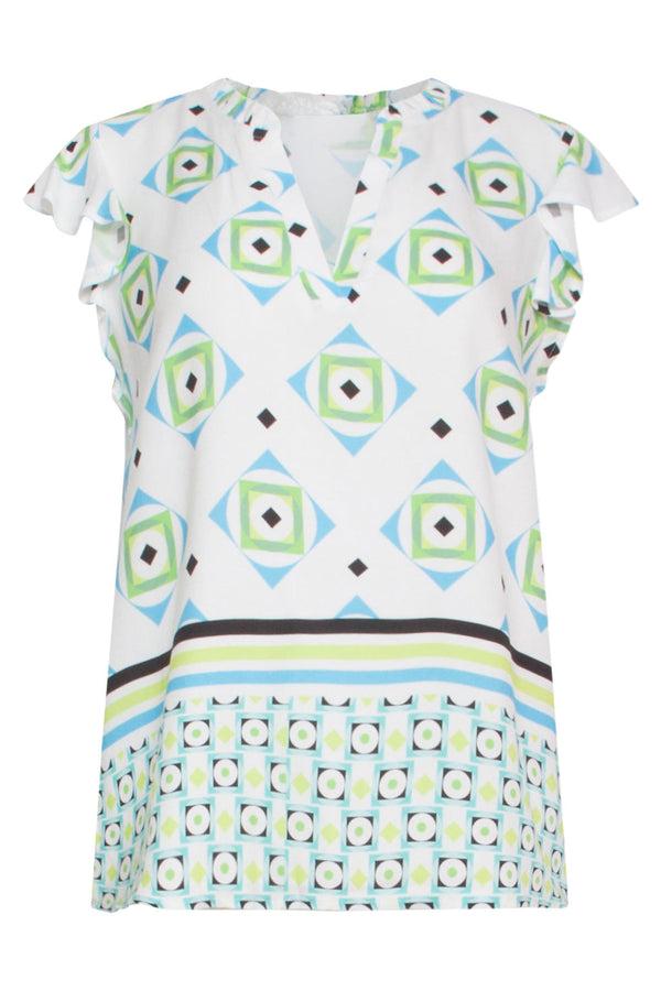 Smashed Lemon 24071 Zomerse Top Met V-Halsspeelse Frill Mouwen | White-Multicolour