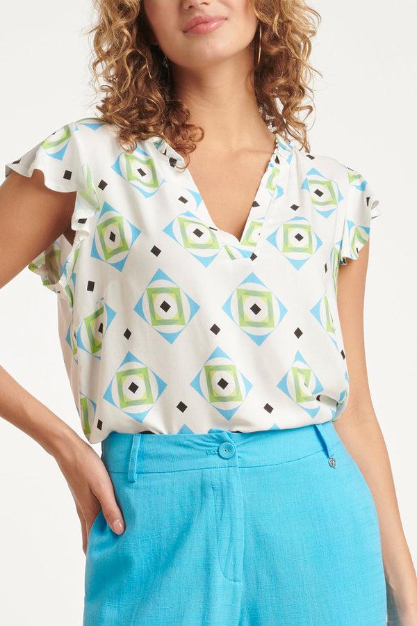 Smashed Lemon 24071 Zomerse Top Met V-Halsspeelse Frill Mouwen | White-Multicolour