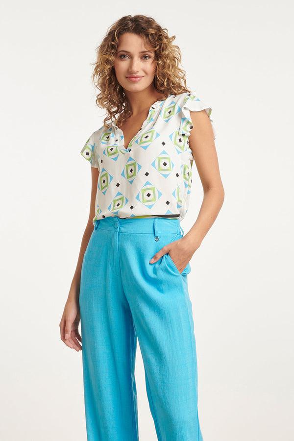 smashed lemon 24071 Zomerse Top Met V-Halsspeelse Frill Mouwen | White-Multicolour