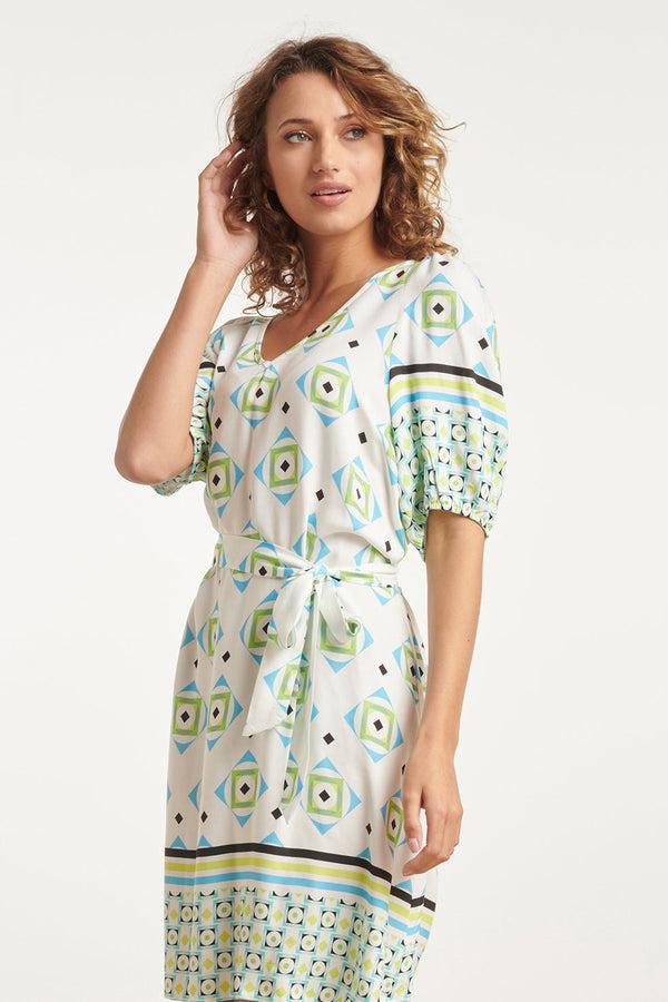 Smashed Lemon 24072 Zomerjurk Met Korte Pofmouwenv-Hals | White-Multicolour