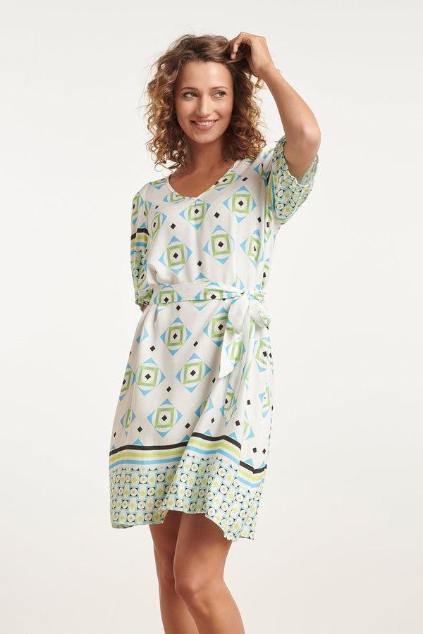 smashed lemon 24072 Zomerjurk Met Korte Pofmouwenv-Hals | White-Multicolour