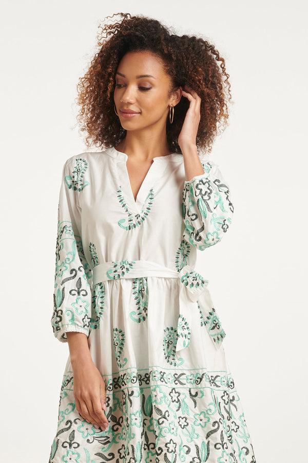 Smashed Lemon 24075 Te Zomerjurk Met Paisley Borduurwerk | White-Green