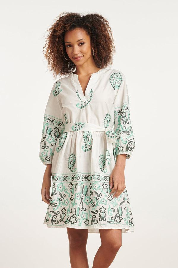 smashed lemon 24075 Te Zomerjurk Met Paisley Borduurwerk | White-Green