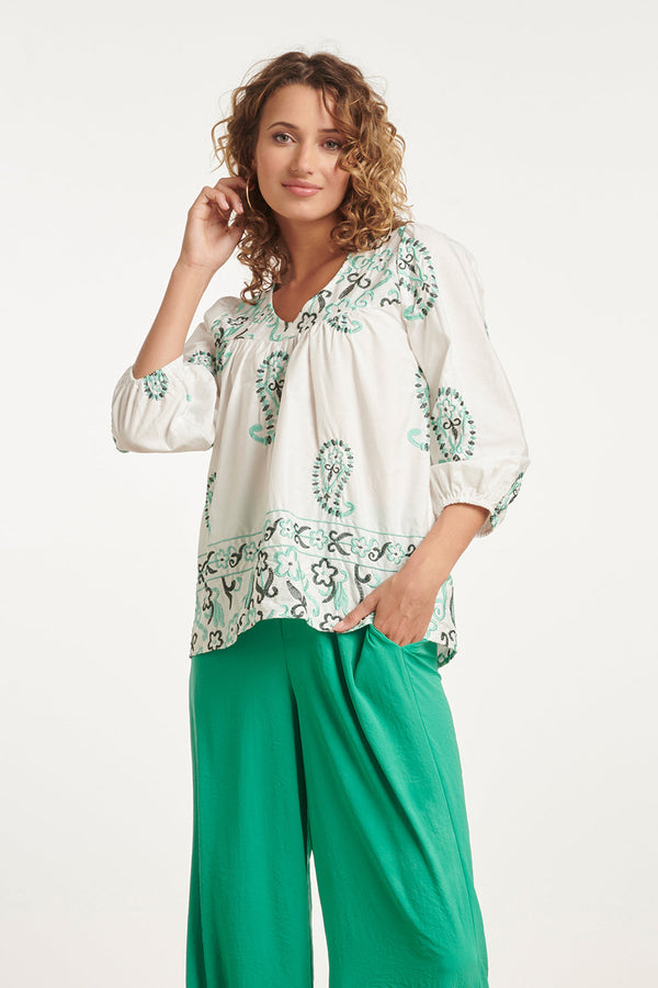 smashed lemon 24076 Te Top Met Paisley Borduurwerk | White-Green