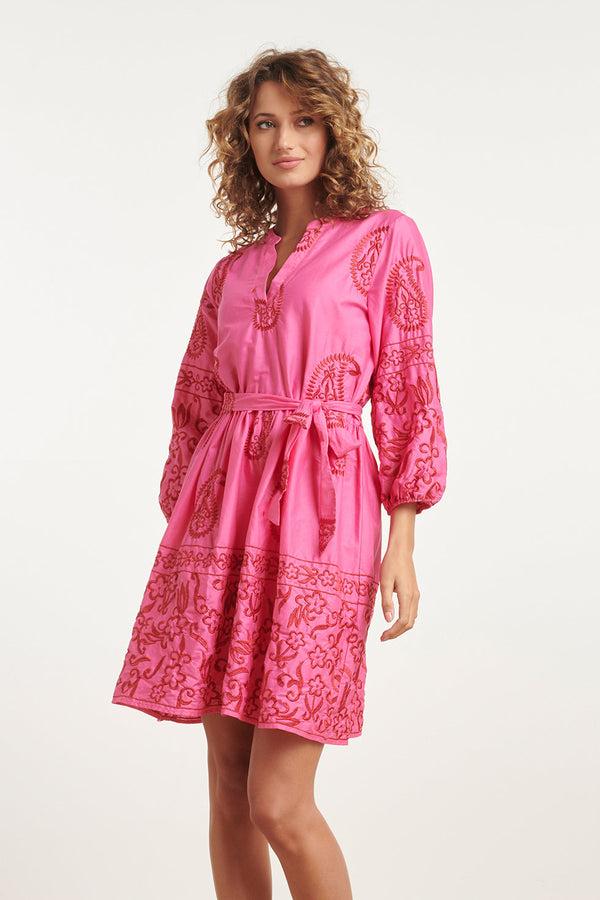 smashed lemon 24077 Fuchsia Zomerjurk Met Paisley Borduurwerk | Pink-Red