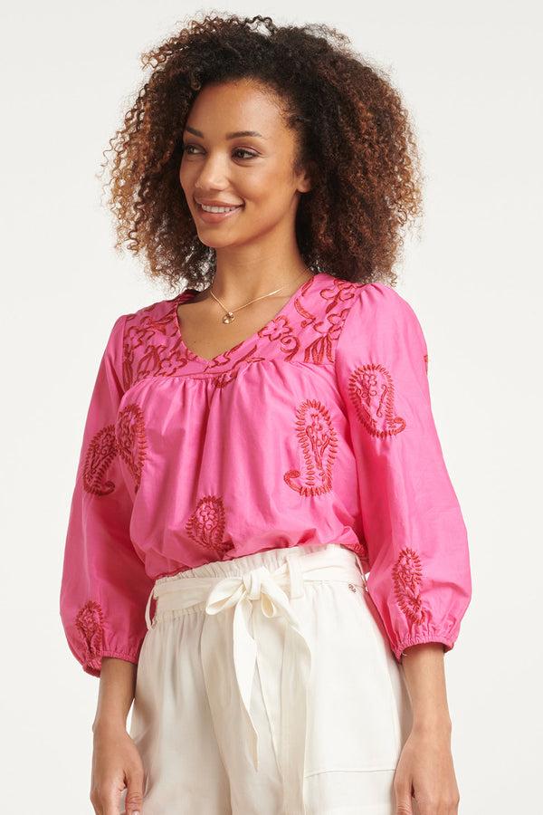 Smashed Lemon 24078 Fuchsia Top Met Paisley Borduurwerk | Pink-Red