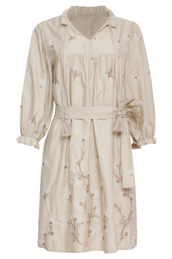 Smashed Lemon 24079 Geborduurde Jurk Met Neutrale Bloemendesign Print | Sand-Offwhite