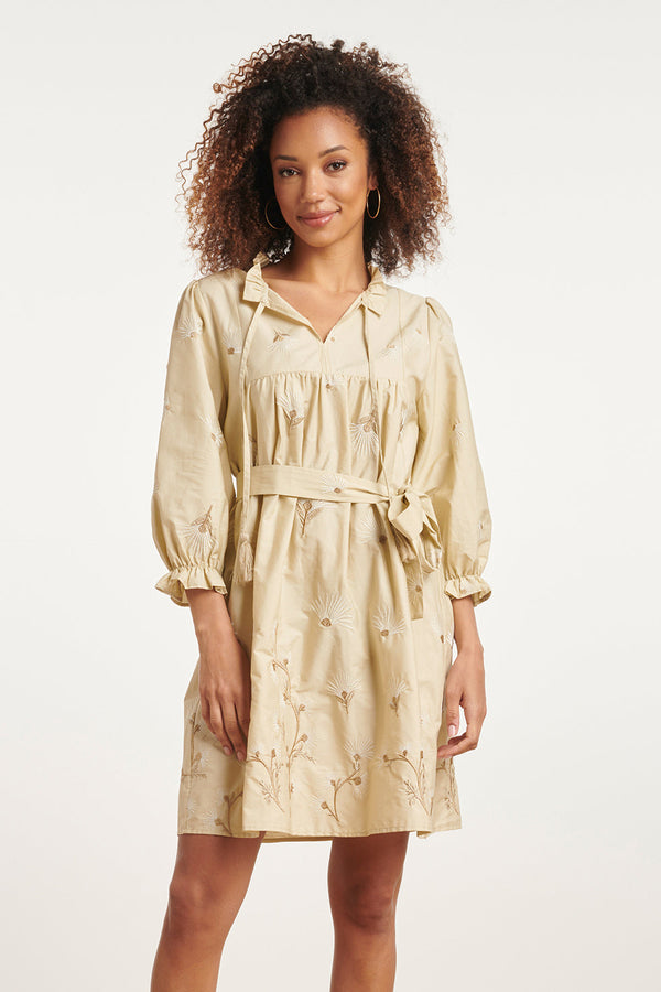 smashed lemon 24079 Geborduurde Jurk Met Neutrale Bloemendesign Print | Sand-Offwhite