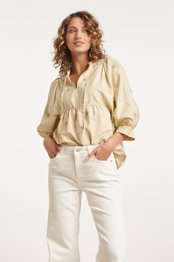 smashed lemon 24080 Geborduurde Top Met Neutraal Paisley Design | Sand-Offwhite