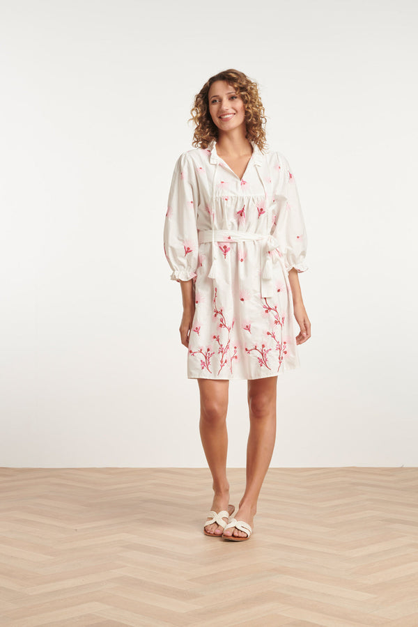 Smashed Lemon 24081 Geborduurde Te Jurk Met Bloemmotief | White-Pink