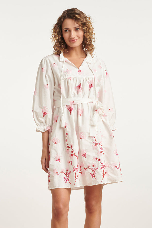 smashed lemon 24081 Geborduurde Te Jurk Met Bloemmotief | White-Pink