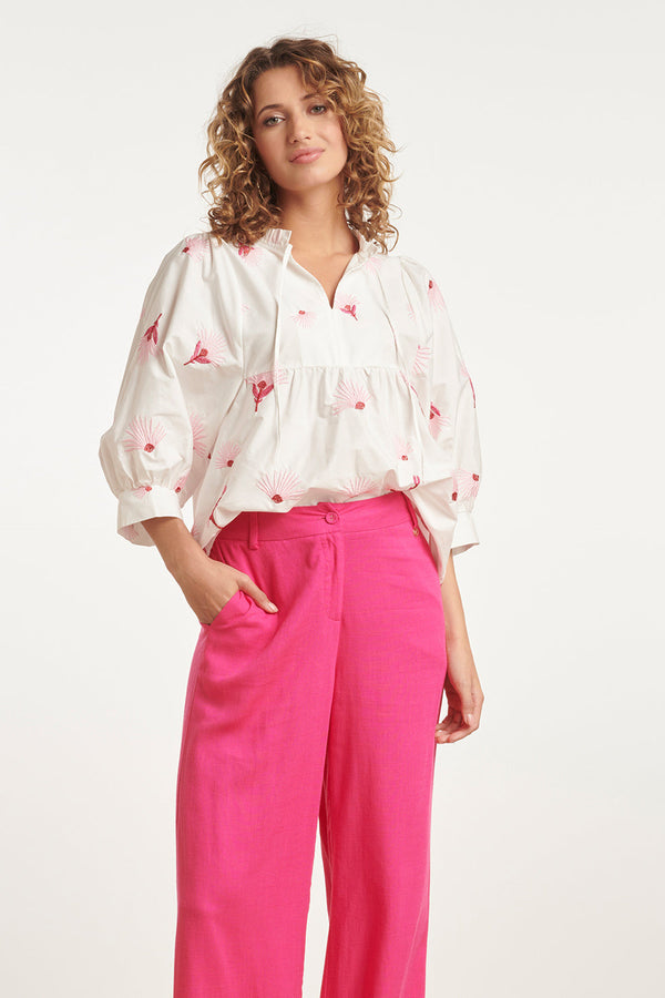 smashed lemon 24082 Geborduurde Bloemen Top | White-Pink