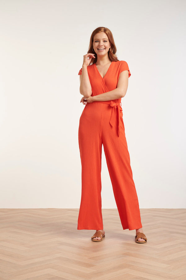 smashed lemon 24083 Lange Aansluitende Jumpsuit | Coral