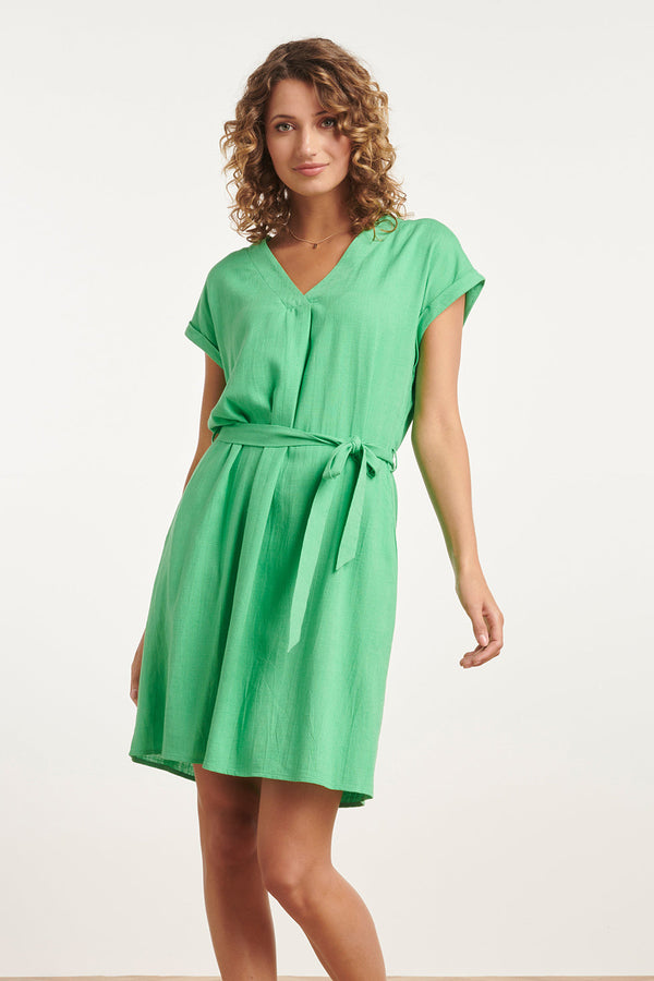 smashed lemon 24087 Losvallende Linnen Jurk Met V-Hals Riemlevendig | Green