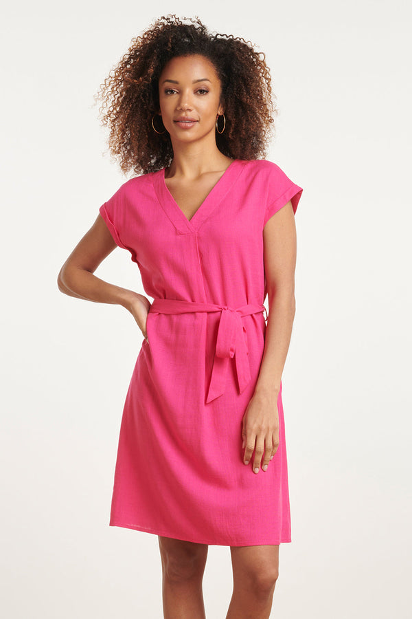smashed lemon 24087 Losvallende Linnen Jurk Met V-Halsriemfuchsia | Pink