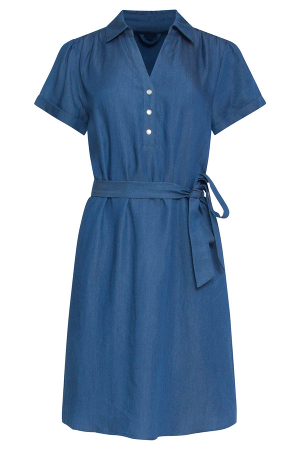 Smashed Lemon 24094 Denim Look Jurk Met V-Halskorte Mouwen | Medium Blue Denim