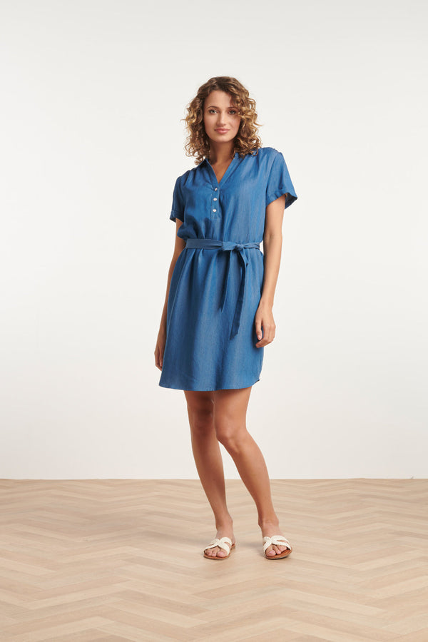 Smashed Lemon 24094 Denim Look Jurk Met V-Halskorte Mouwen | Medium Blue Denim