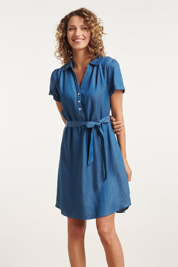 smashed lemon 24094 Denim Look Jurk Met V-Halskorte Mouwen | Medium Blue Denim