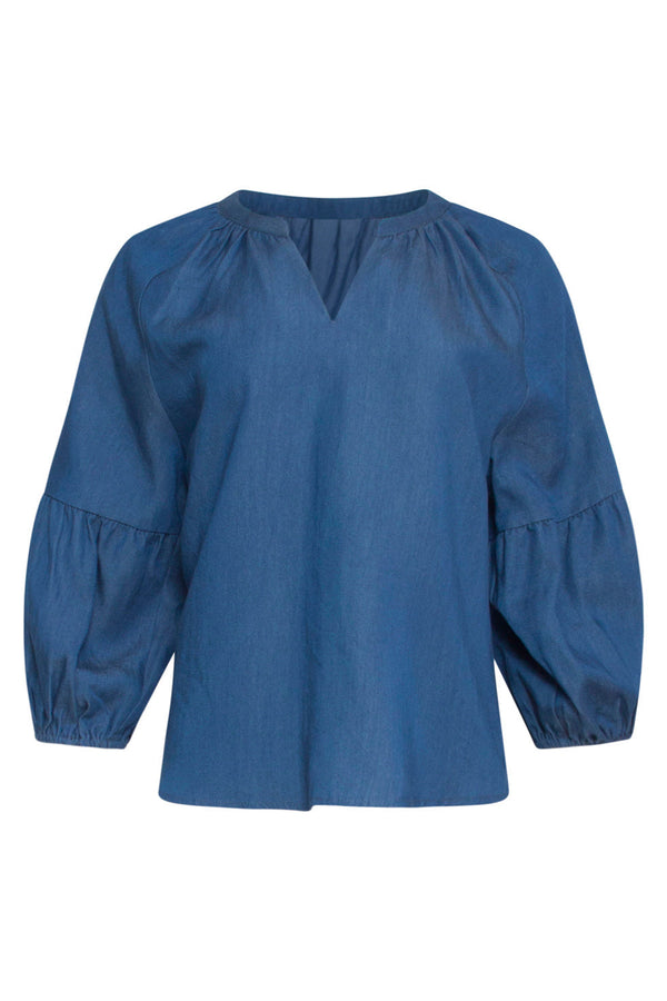 Smashed Lemon 24095 Denim Look Top Met V-Halspofmouwen | Medium Blue Denim