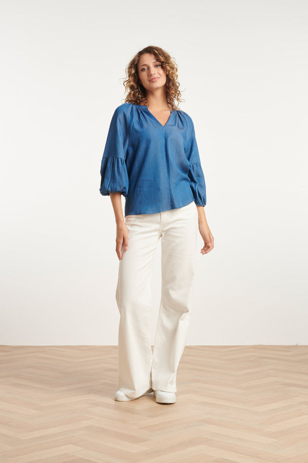 Smashed Lemon 24095 Denim Look Top Met V-Halspofmouwen | Medium Blue Denim