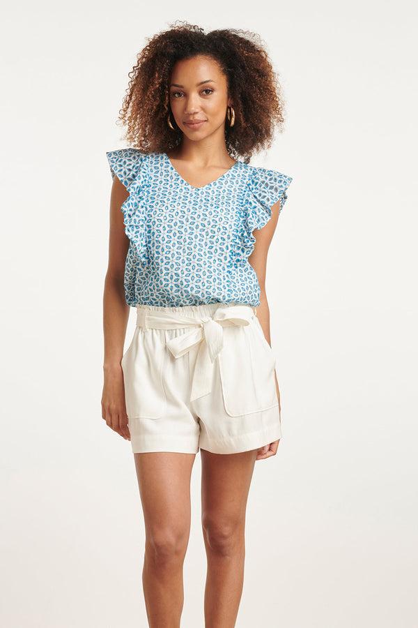 smashed lemon 24109 Bloemen Brie Anglaise Zomer Top Met Ruches Hemels | White-Blue