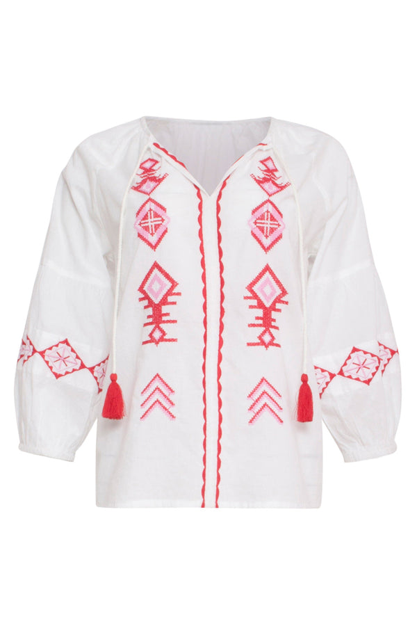 Smashed Lemon 24123 Ademende Te Top Met Tribal Borduurwerk | White-Multicolour