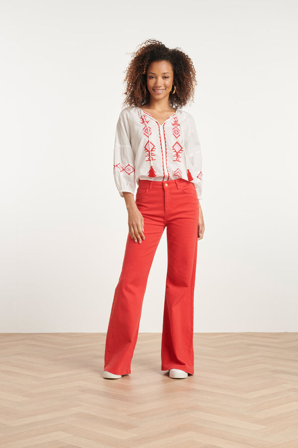 Smashed Lemon 24123 Ademende Te Top Met Tribal Borduurwerk | White-Multicolour