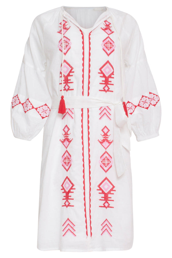 Smashed Lemon 24124 Ademende Te Jurk Met Tribal Borduurwerk | White-Multicolour