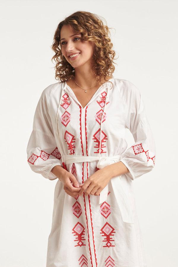 Smashed Lemon 24124 Ademende Te Jurk Met Tribal Borduurwerk | White-Multicolour