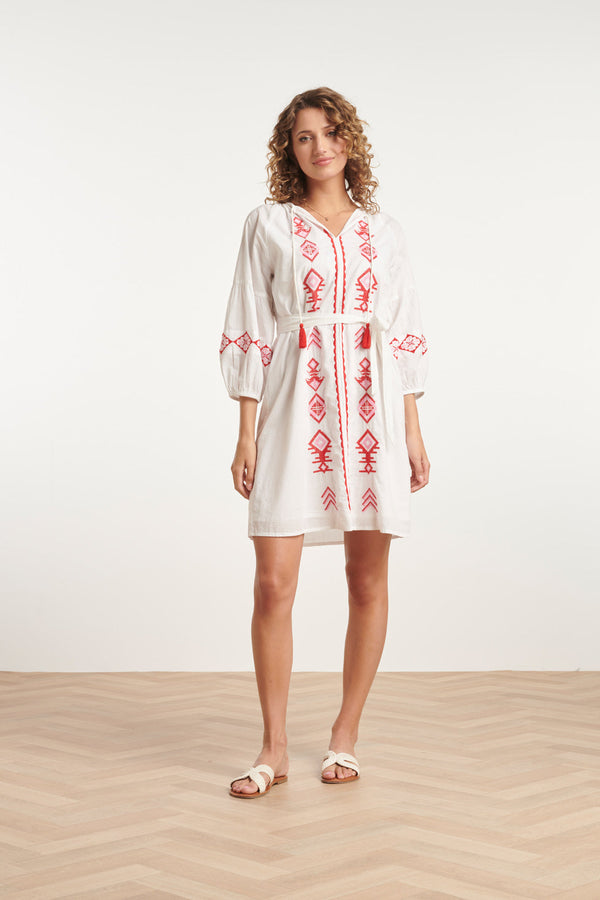 Smashed Lemon 24124 Ademende Te Jurk Met Tribal Borduurwerk | White-Multicolour